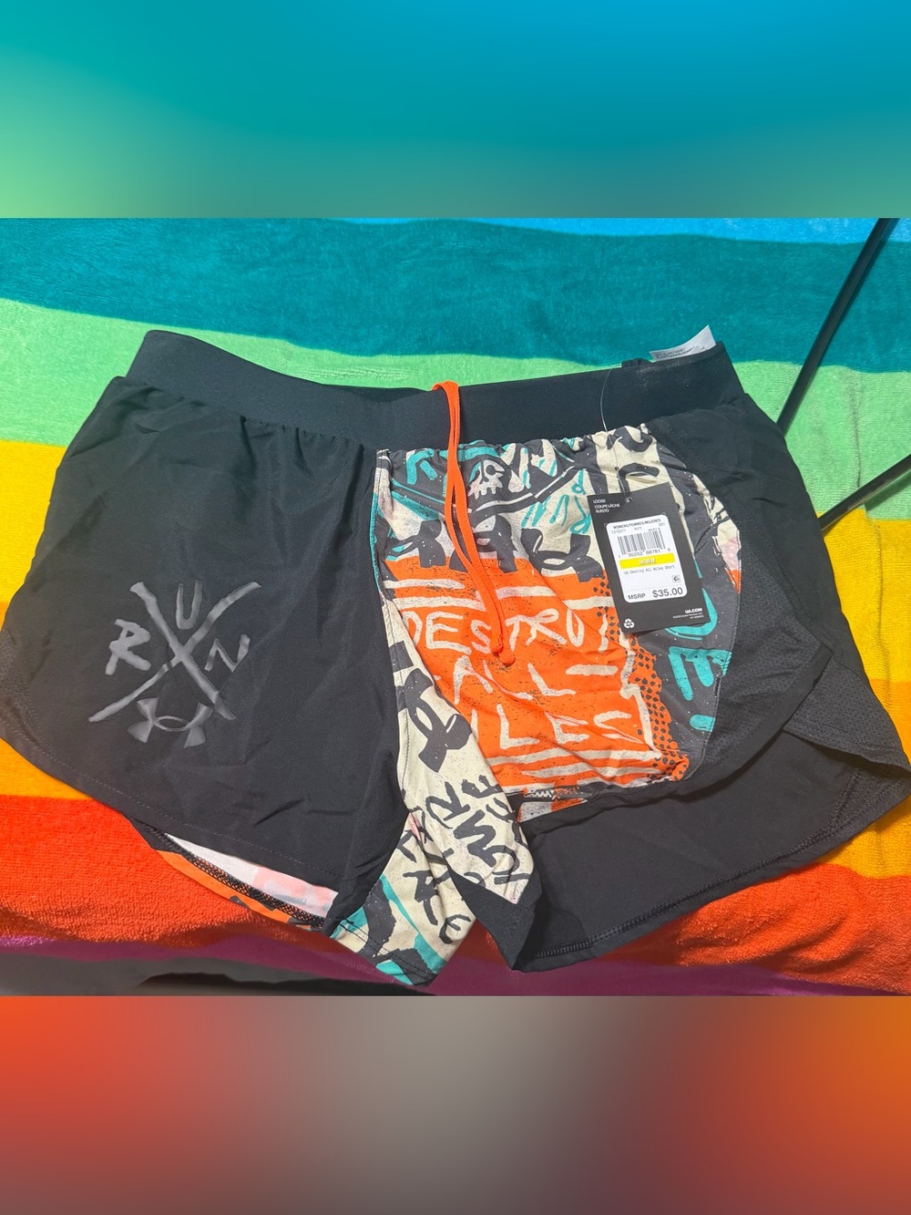 Women's Black Athletic Shorts with Multicolor Graffiti Panel